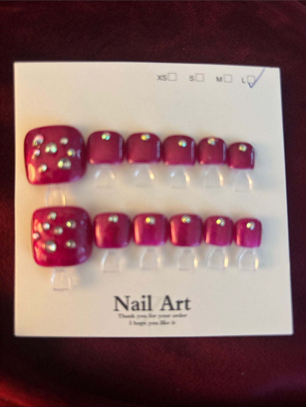 Rhinestone Accent Fuchsia Press-On Toenail Set